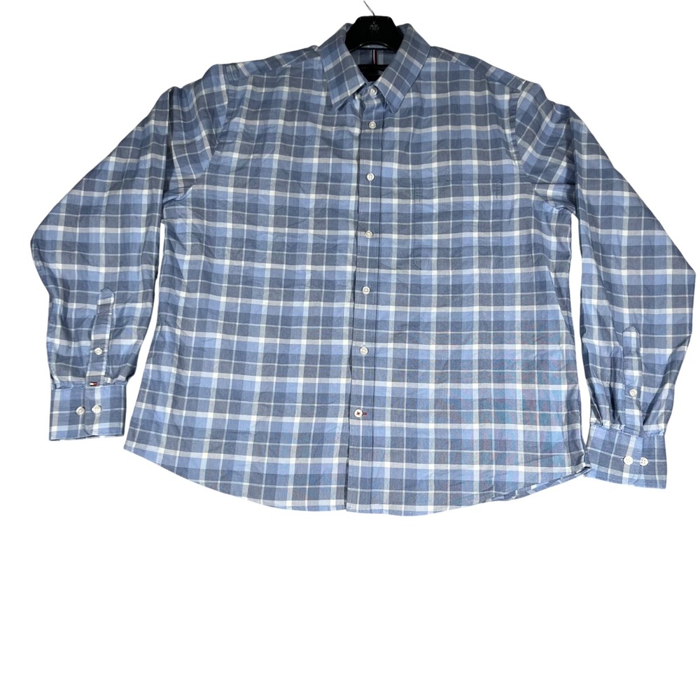 Tommy Hilfiger Mens All Season Stretch Plaid Button Down Blue L 16-16.5 36/37